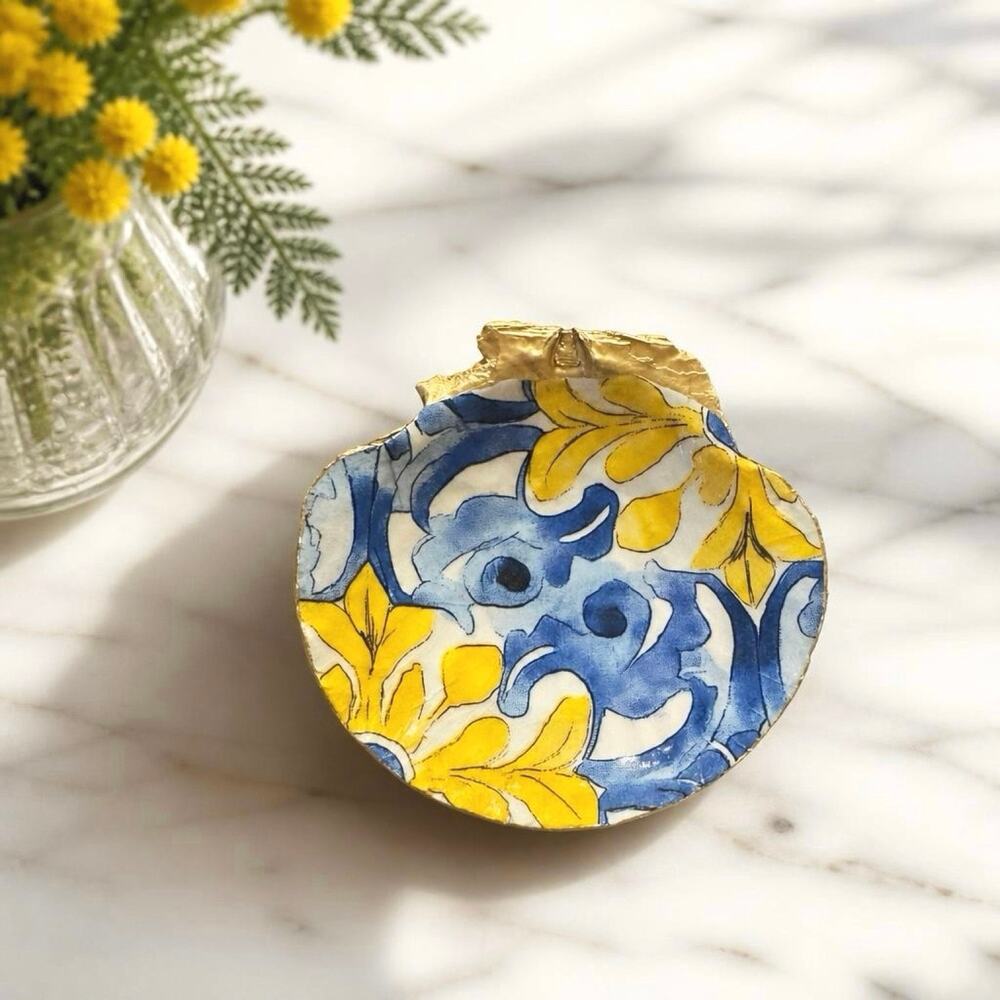 Blue & Yellow Shell Trinket Dish | Mediterranean Ring Holder | Coastal Gift